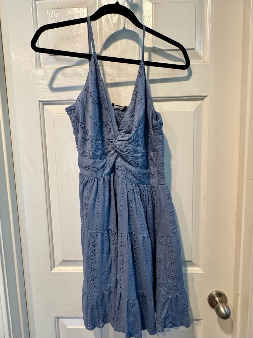 Angie Light Blue Eyelet Midi Dress with Twist Bodice